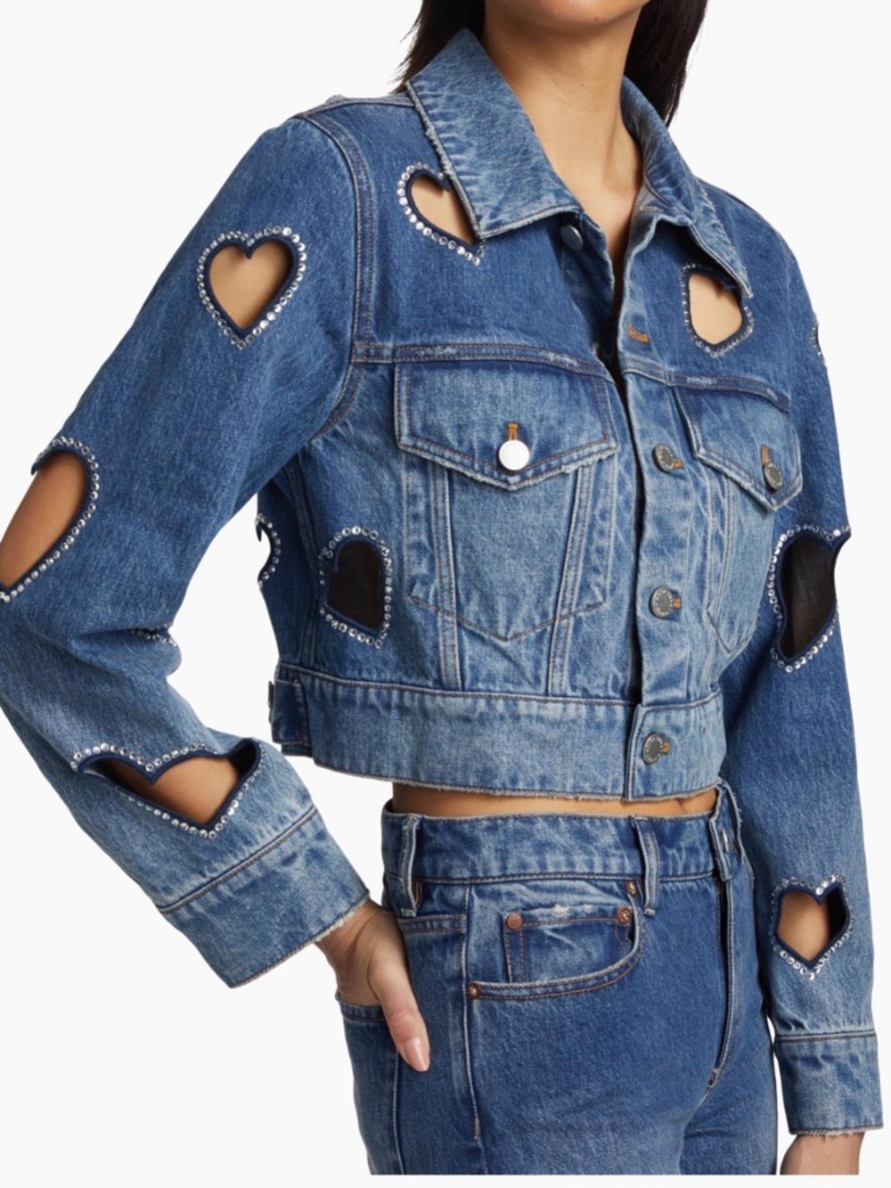 Alice + Olivia Denim Heart Cutout Cropped Jacket in Blue S